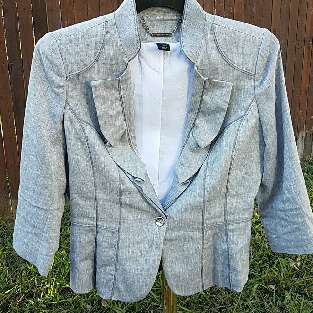 White House Black Market Light Gray Ruffle-Trim Blazer